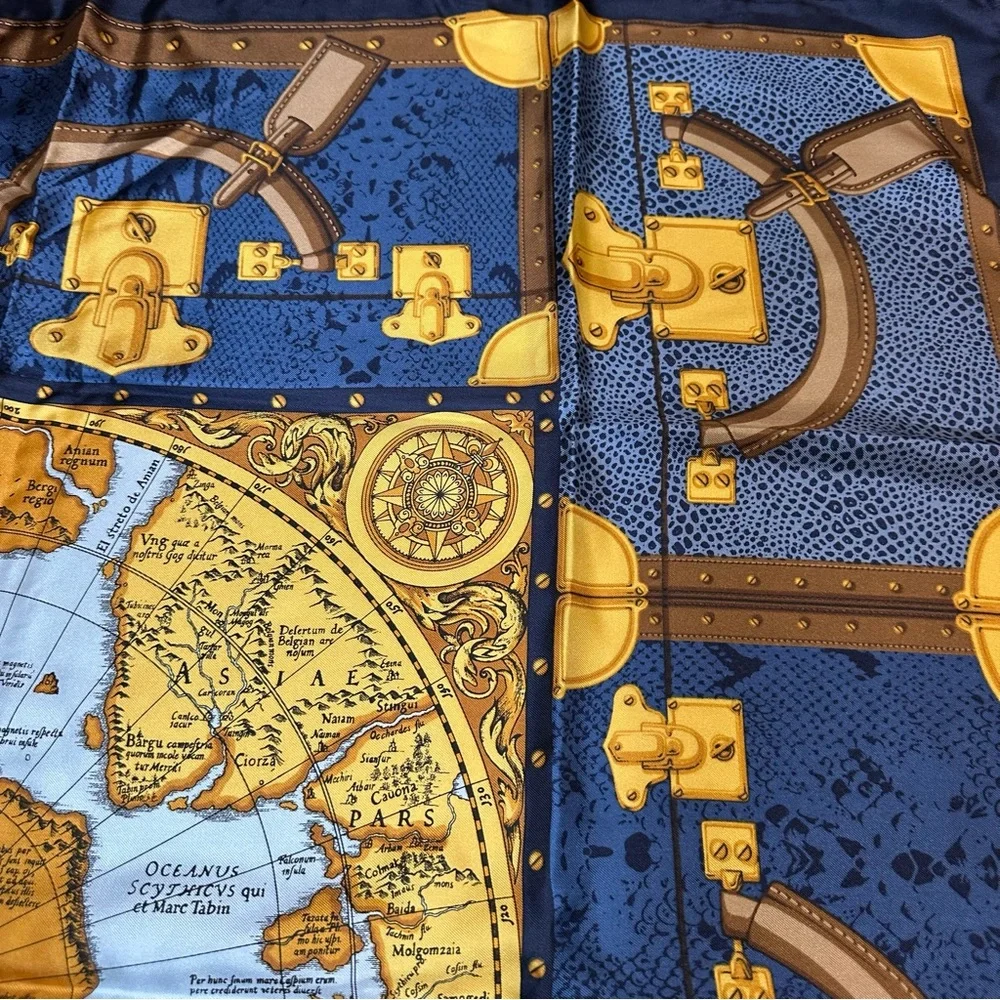 Larioseta Como Silk Scarf VINTAGE– World Map & Travel Trunks, Made in Italy